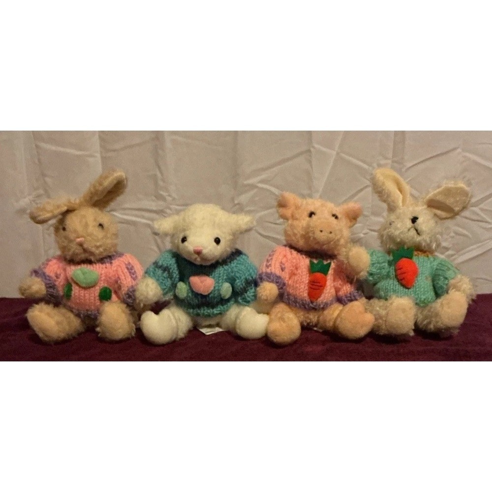 4VTG 1988 Chrisha‎ Playful Plush In Knitted Sweaters Pig Rabbits Lamb